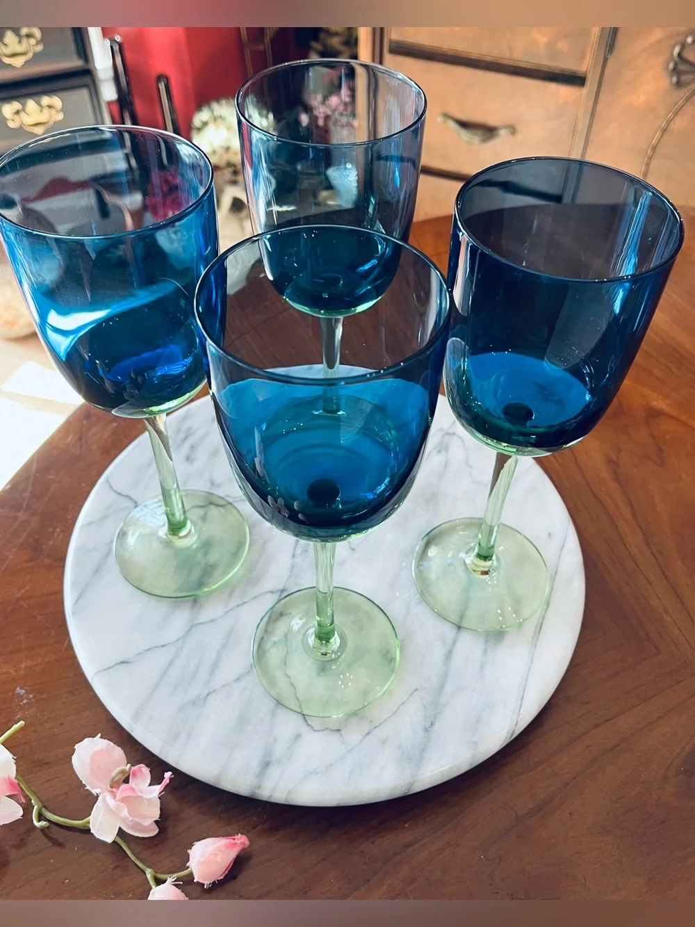 VTG Block Metropolis Festival Blue Green 9” Water Goblets Wine Glasses, 4-Set